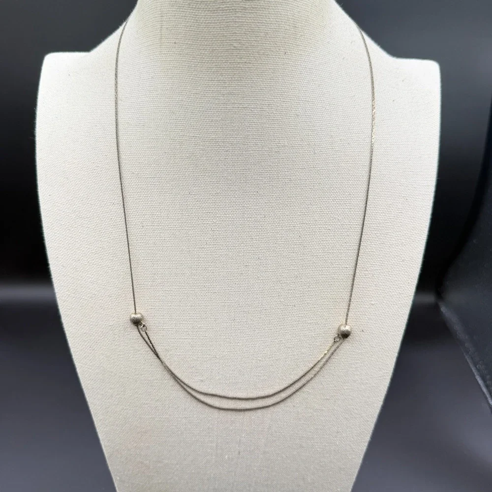 Silver Tone Double Strand Snake Chain Necklace Ribbed Beads Minimalist Gift